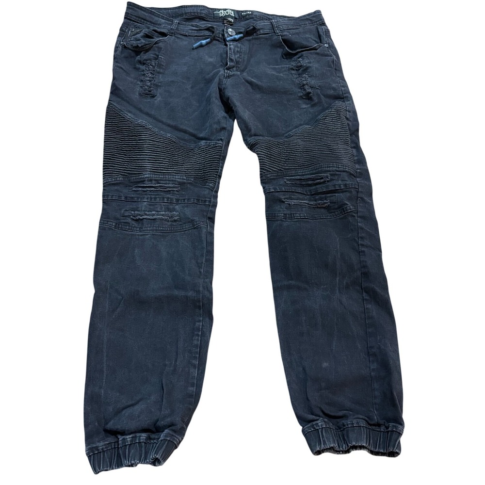 Seven Souls Mens Moto Jogger Jeans‎ Black Distressed Ribbed Knee Pants 42x32